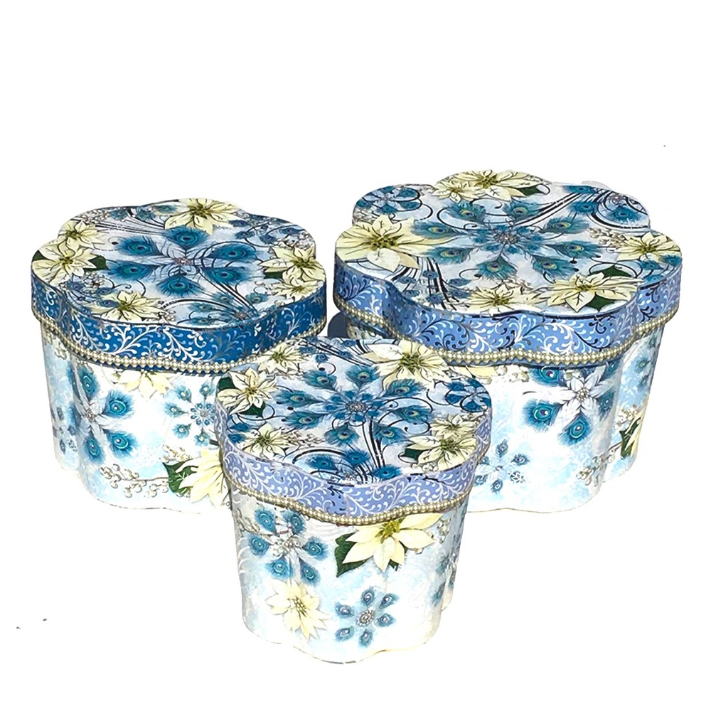 Punch Studio White Poinsettia Peacock Feathers Nesting Fluted Boxes (99157) 3 ct